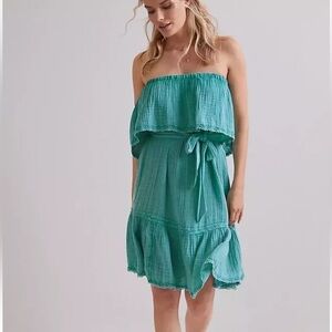 Anthropologie Daily Practice Turquoise Strapless Boho Gauzy Malibu Mini Dress M